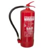Red 6ltr water mist ultrafire fire extinguisher shown from an angled view with hose attached to the side