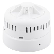angled view of ultrafire radio interlinked 10yr battery heat alarm showing white round device with vents and sensor