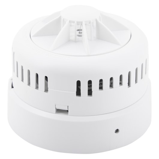 angled view of ultrafire radio interlinked 10yr battery heat alarm showing white round device with vents and sensor