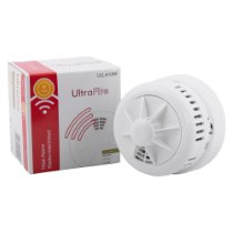 Ultrafire radio interlinked 10yr battery heat alarm shown next to its box on a white background