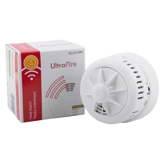 Ultrafire radio interlinked 10yr battery heat alarm shown next to its box on a white background