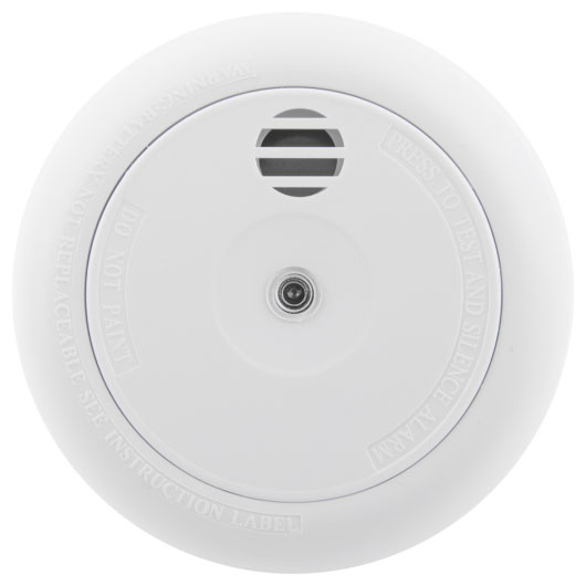 white circular smoke alarm showing the LED indicator light and test and hush button
