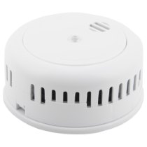 ultra fire smoke alarm shown from an angled view with circular vents and a button on top