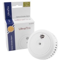 ultra fire smoke alarm device shown next to its packaging with branding and product details visible