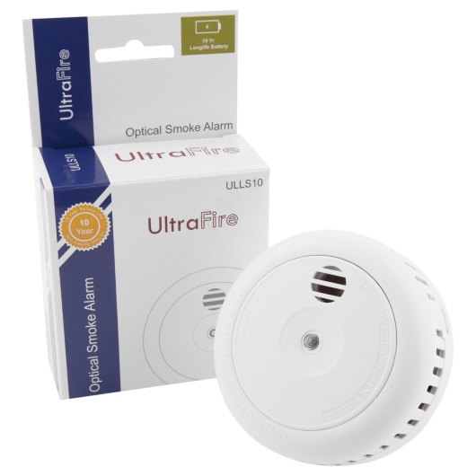 ultra fire smoke alarm device shown next to its packaging with branding and product details visible