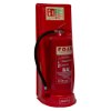 angled view of the ultrafire economy fire extinguisher stand single red with attached fire extinguisher and foam safety sign