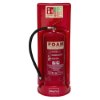 Front view of ultrafire economy fire extinguisher stand single red with a foam fire extinguisher and safety sign A