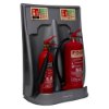 Ultrafire economy fire extinguisher stand double grey holding two red fire extinguishers with labels and safety signs visible