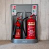 ultrafire economy fire extinguisher stand double grey holding two red extinguishers against a wooden wall in situ