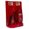 angled view of ultrafire economy fire extinguisher stand double red with two extinguishers and signs attached