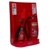 angled view of ultrafire economy fire extinguisher stand double red with two extinguishers and signs on the back panel