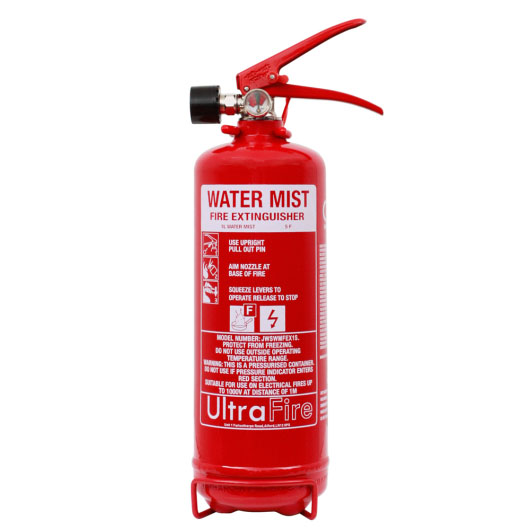 A red water-mist fire extinguisher with a white label