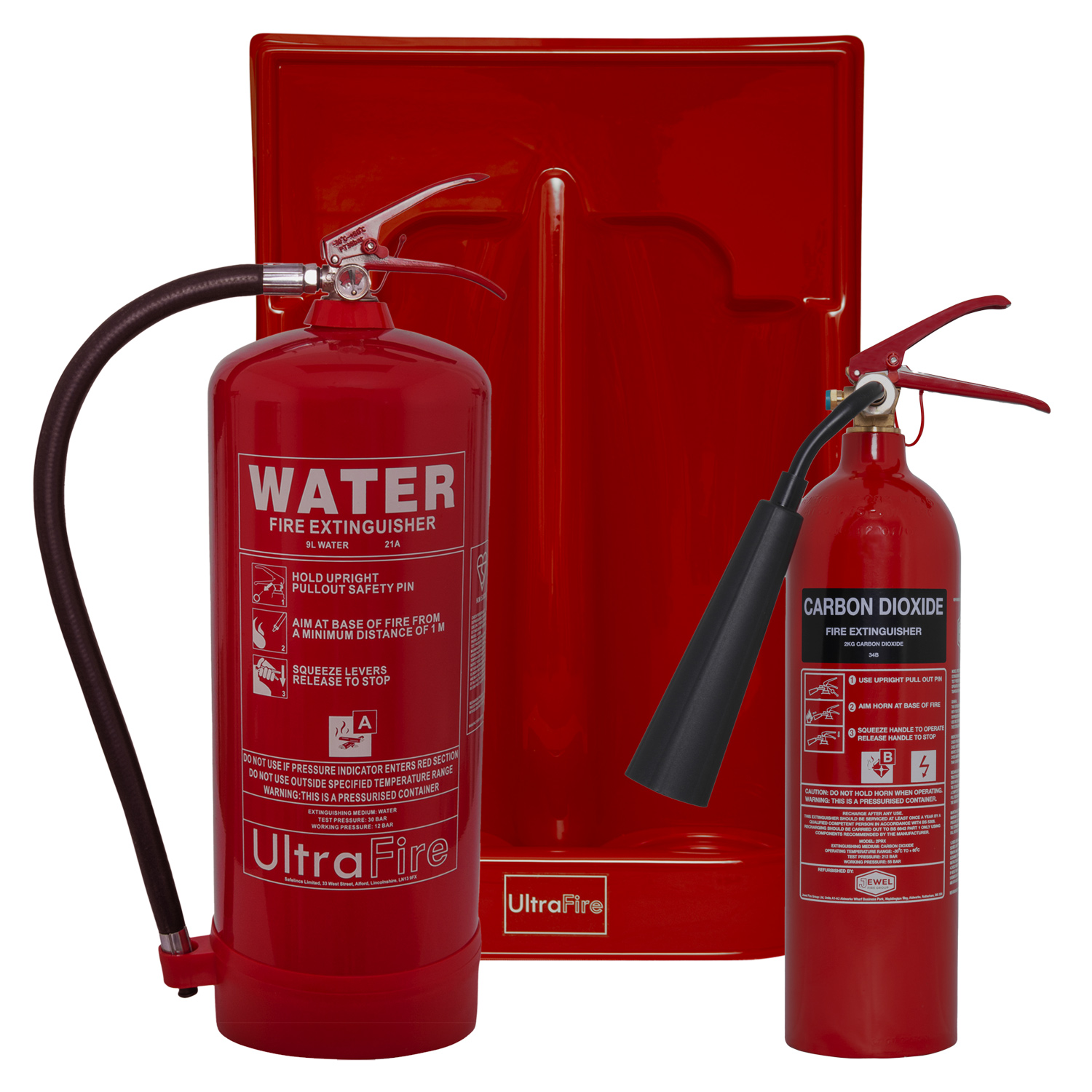 2kg CO2 Fire Extinguisher, 9ltr Water Extinguisher & Double Stand Special Offer