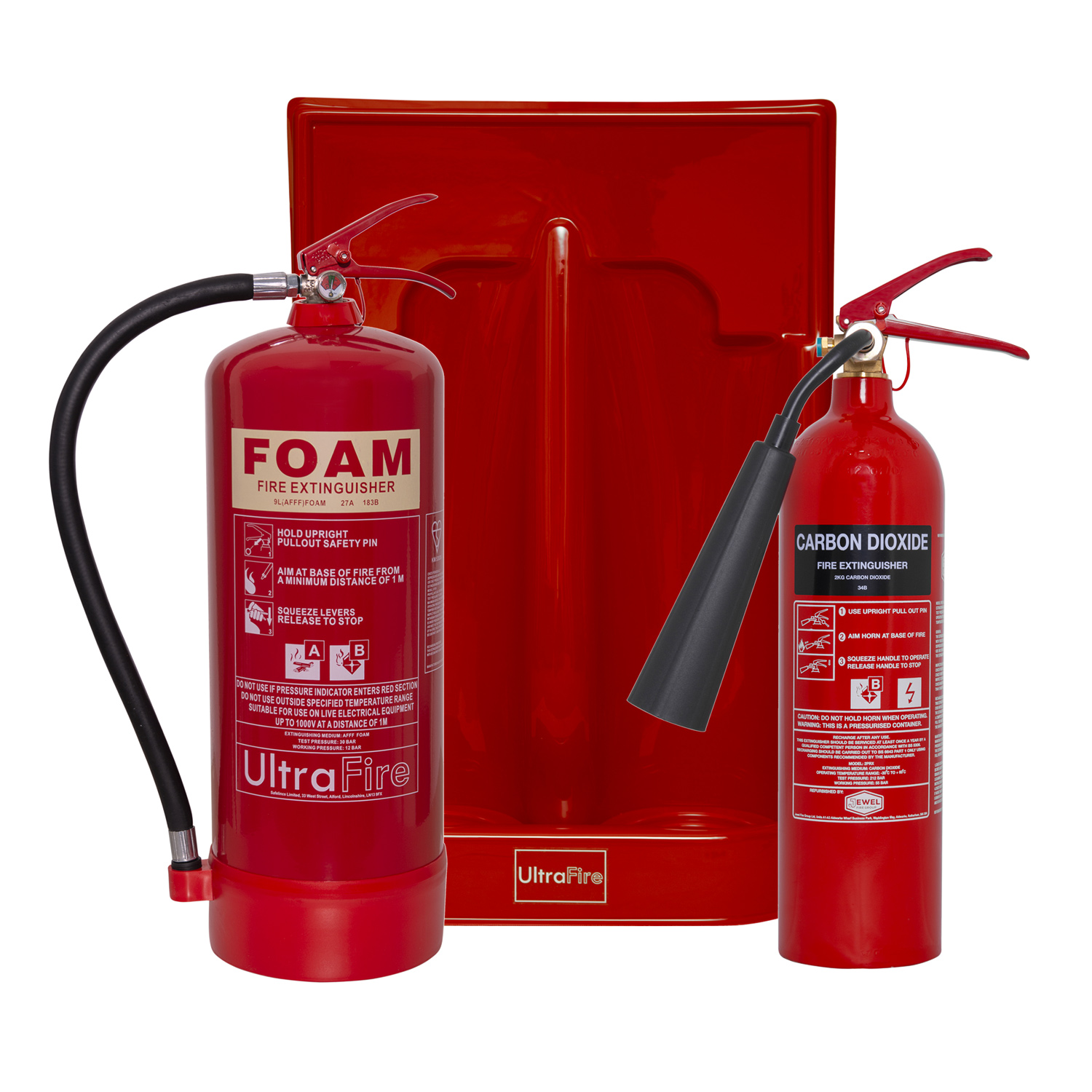 2kg CO2 Extinguisher, 9ltr Foam Extinguisher + Double Stand Special Offer